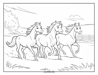 Coloriage de cheval pour enfants : Trois chevaux courent côte à côte dans un champ ouvert avec des arbres