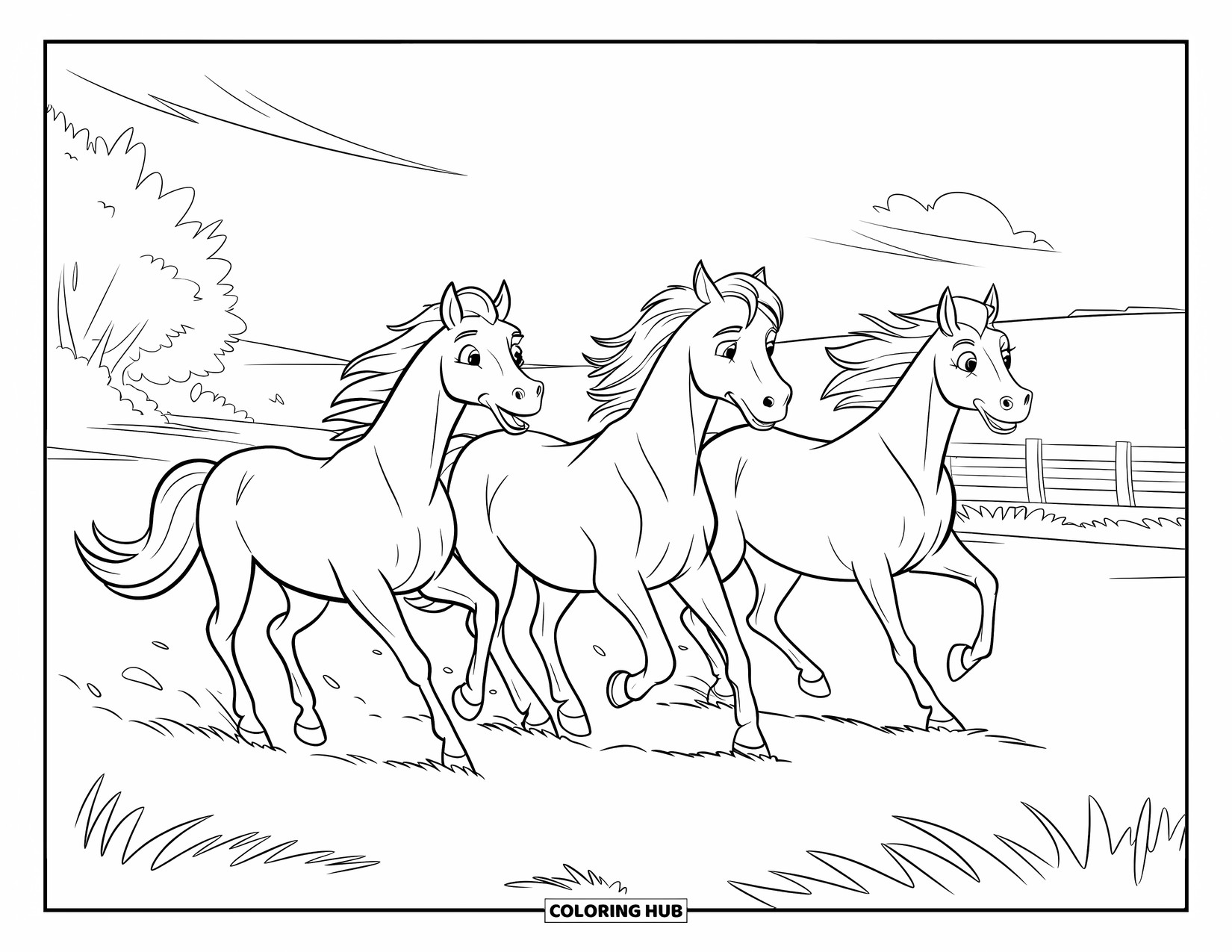Paarden Kleurplaat voor Kinderen: Drie paarden rennen zij aan zij in een open veld met bomen