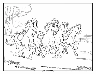 Coloriage de cheval pour enfants : Trois chevaux courent ensemble à travers un champ avec des arbres et une clôture
