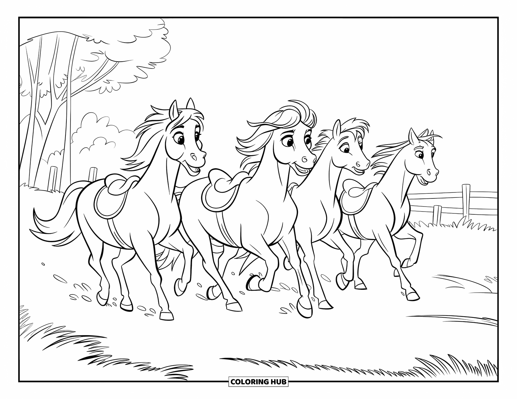 Paarden Kleurplaat voor Kinderen: Drie paarden rennen samen over een veld met bomen en een hek