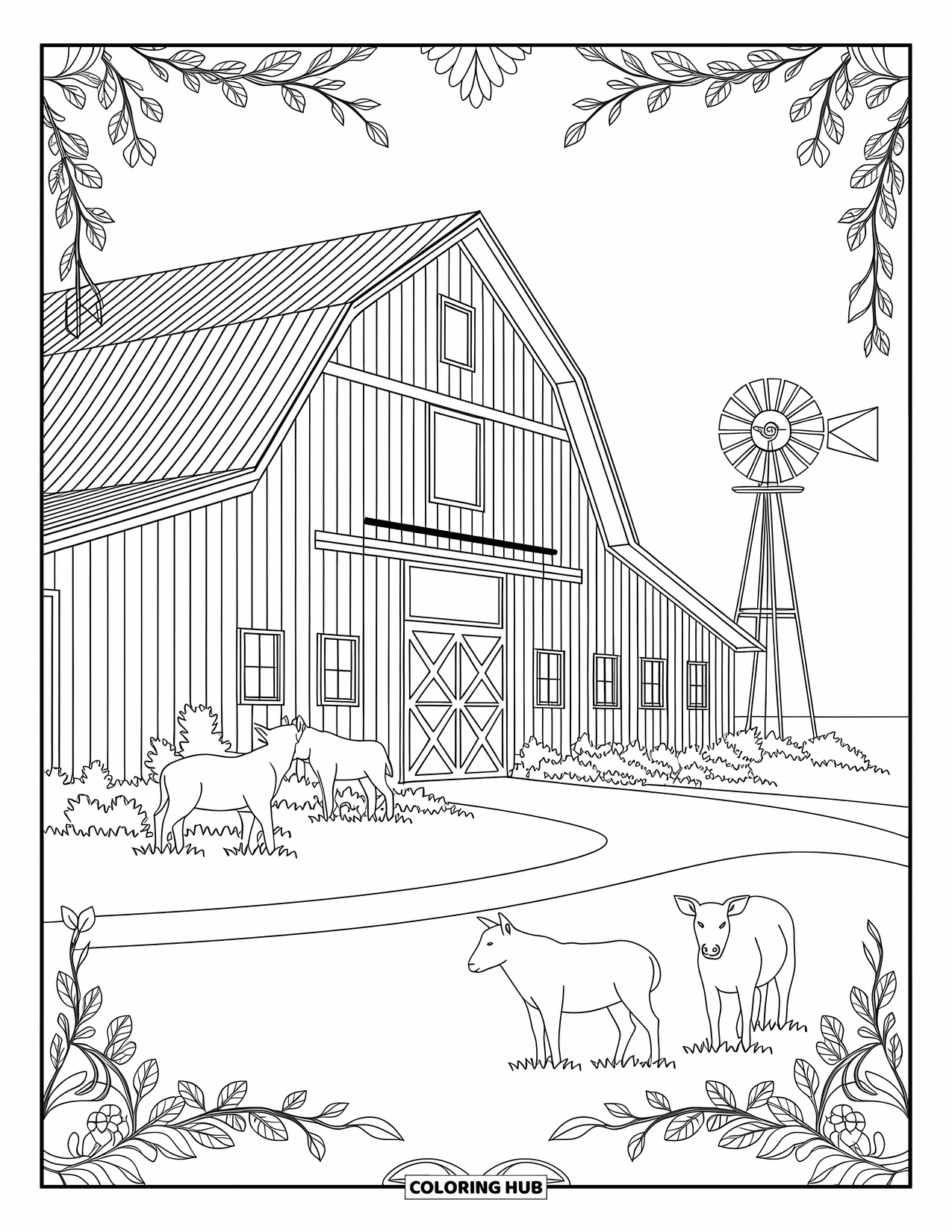 House Coloring Page for Adults: A barn house with wooden beams, farm animals, and a windmill