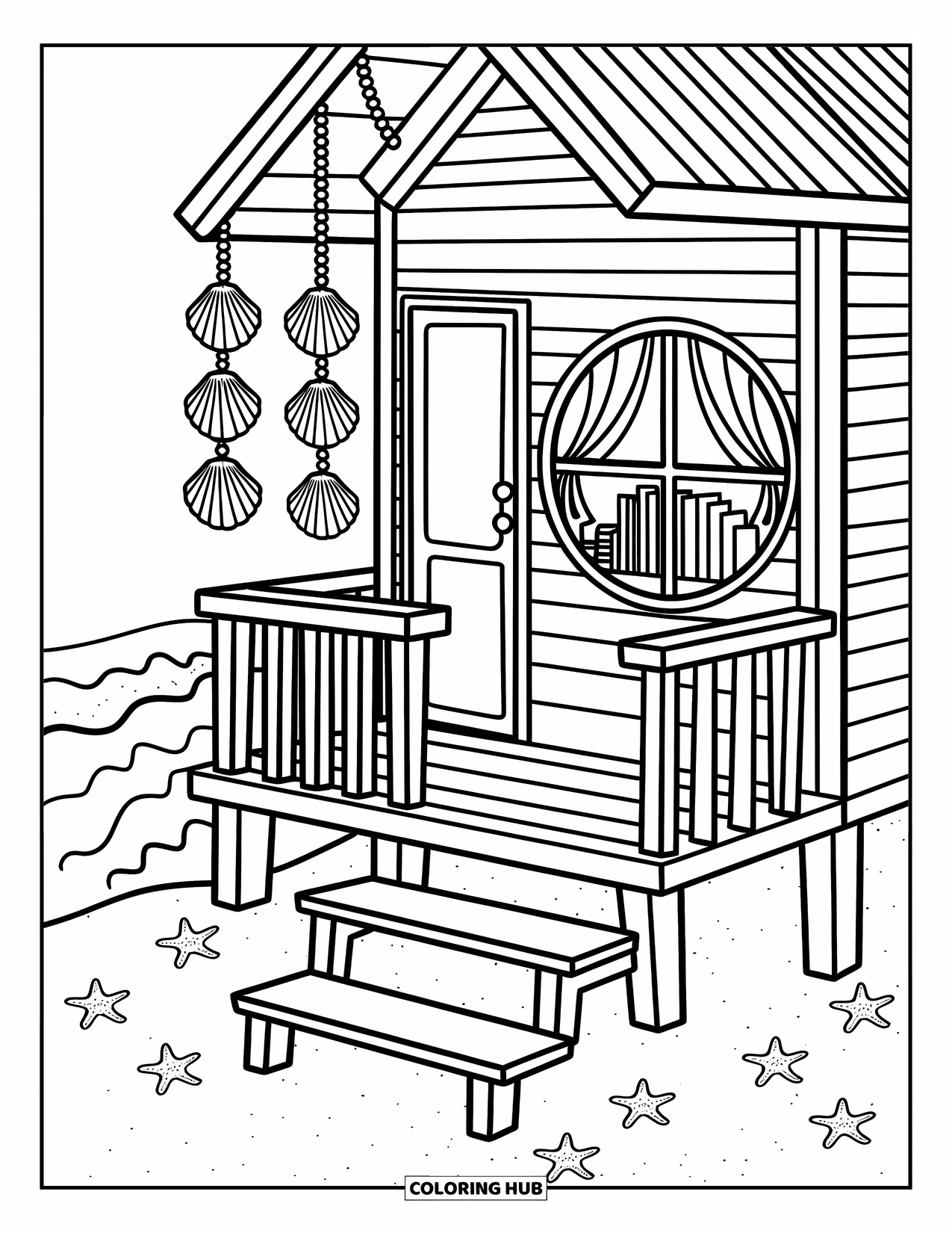 House Coloring Page for Adults: A beach house on stilts with seashells and a round window