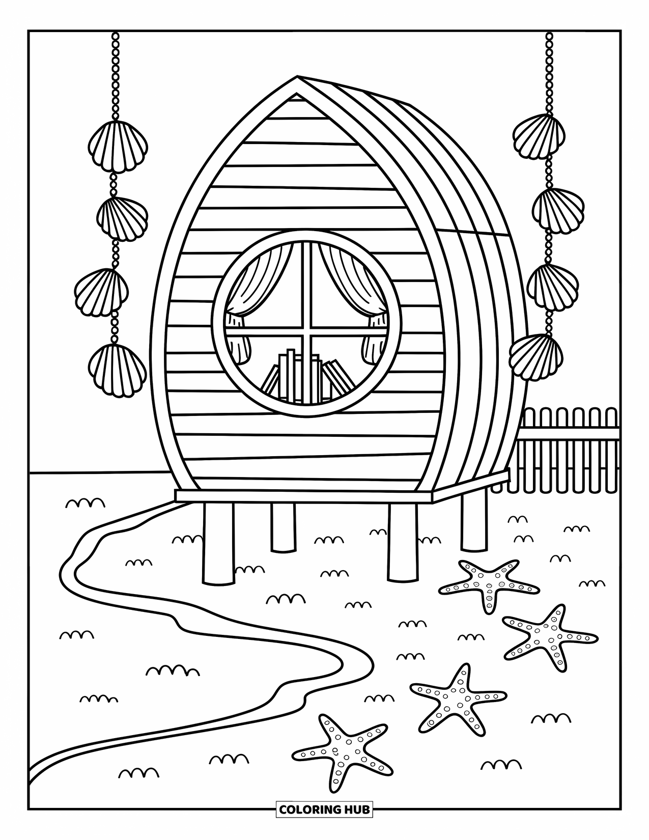 House Coloring Page for Adults: A beach house with a round window, wind chimes, and starfish