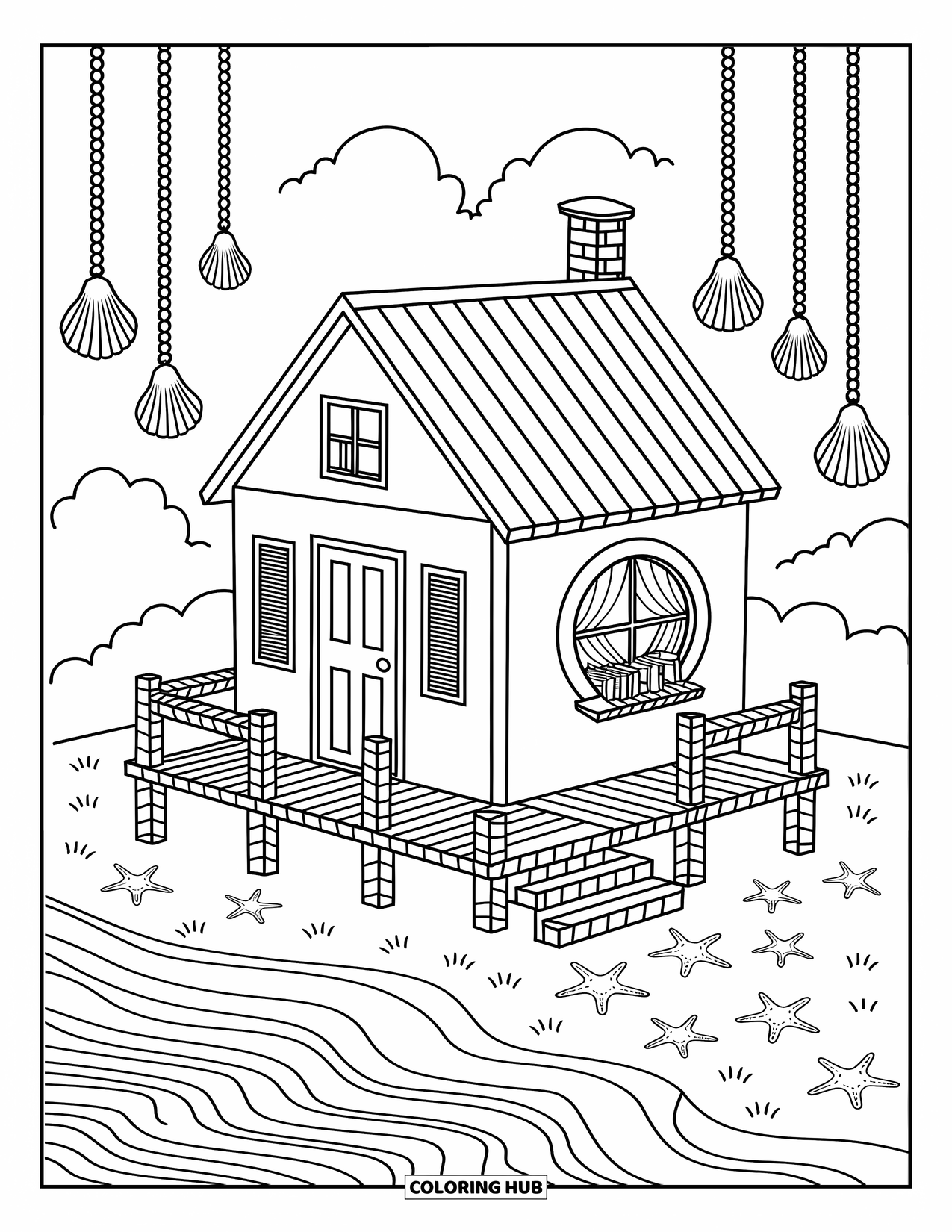 House Coloring Page for Adults: A beach house with wind chimes, a deck, and seashells