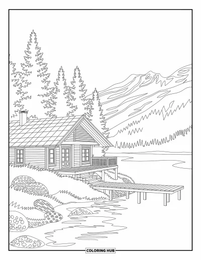大人向けの家のぬりえ: 松の木と精巧な背景の湖畔の山小屋