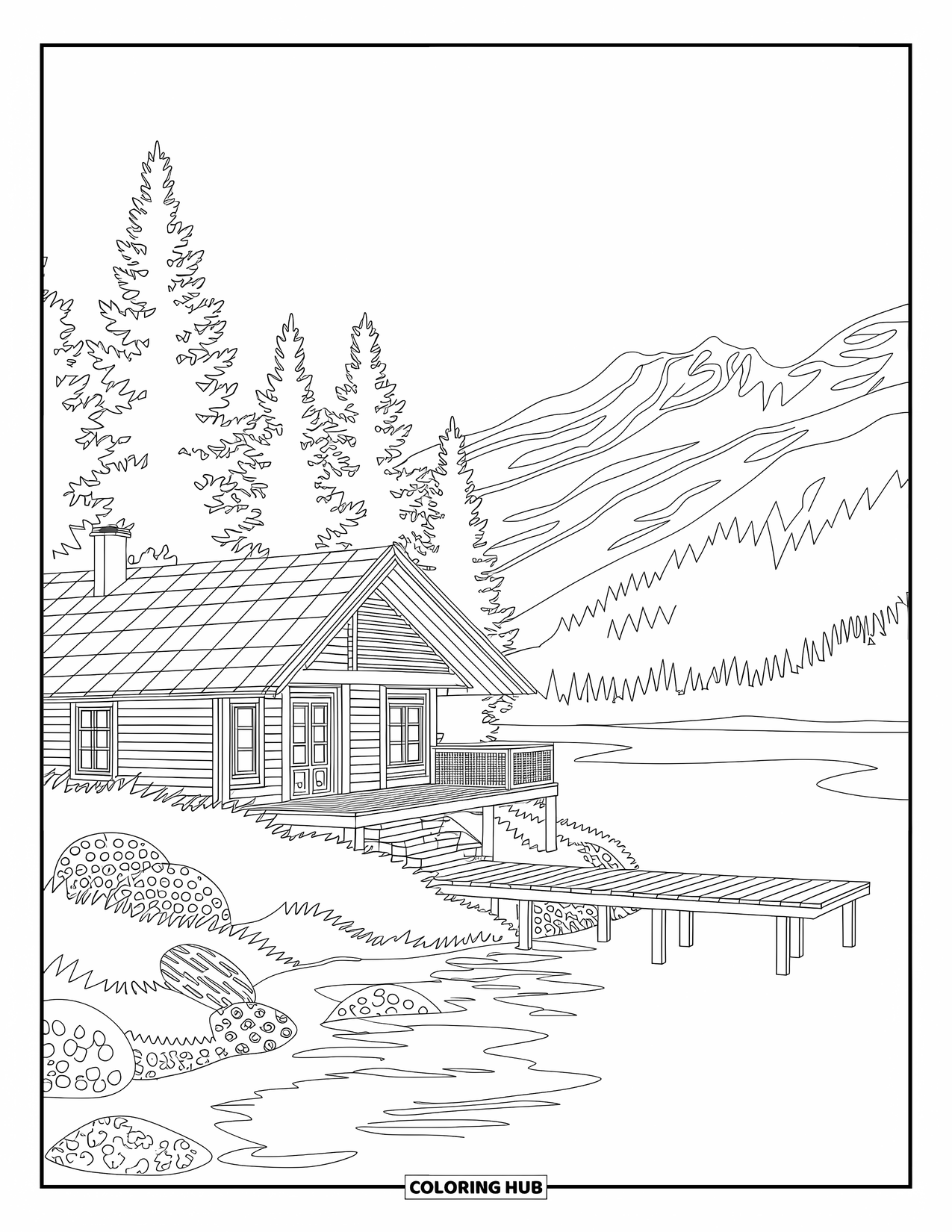 House Coloring Page for Adults: A cabin by a lake with pine trees and detailed backgrounds