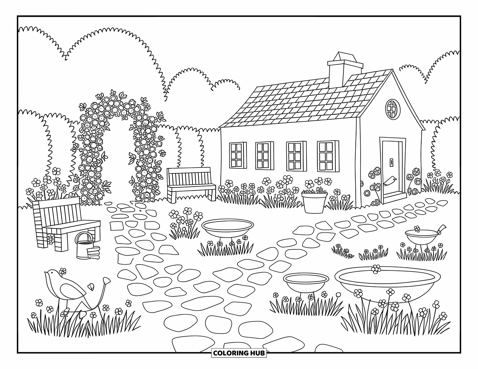 House Coloring Page for Adults: A charming cottage with a garden, stone path, and a watering can by the door