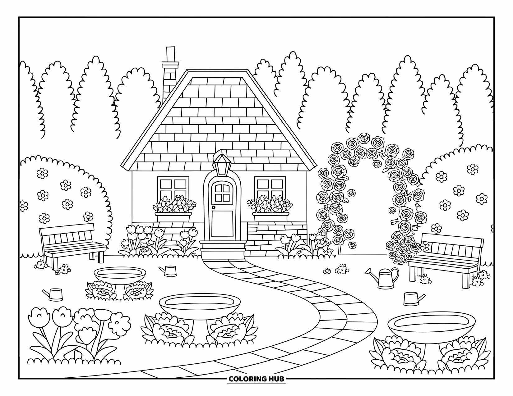 House Coloring Page for Adults: A charming cottage with hedges, roses, and a stone path