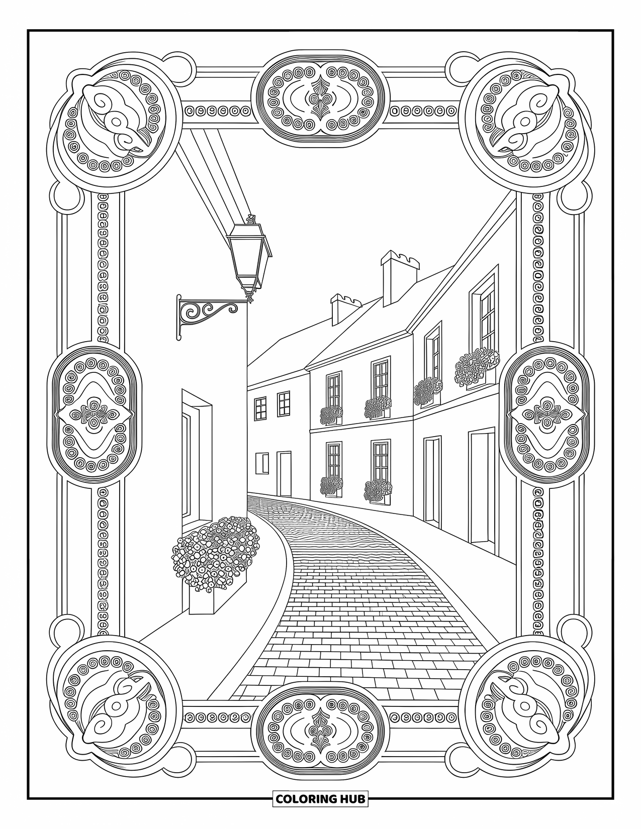 House Coloring Page for Adults: A charming street with cobblestones, flowers, and decorative borders