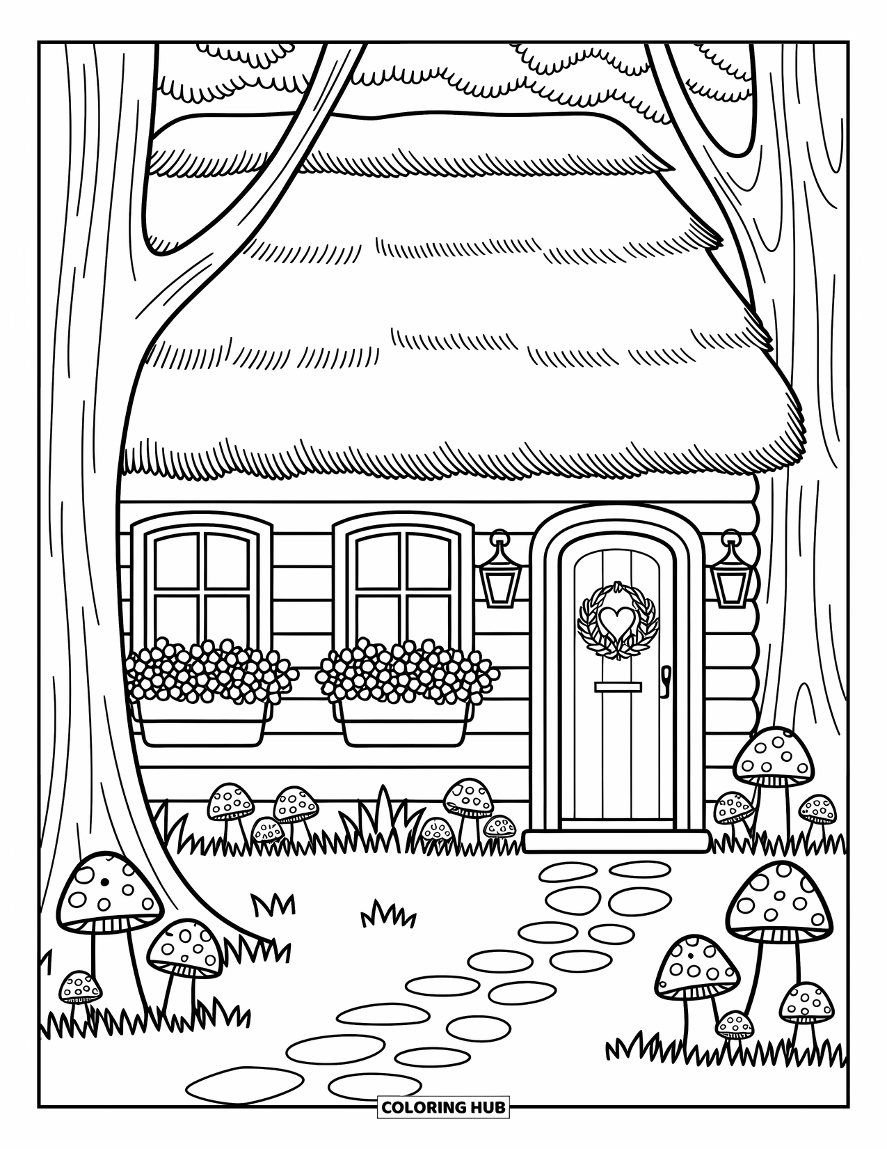 House Coloring Page for Adults: A cottage with a stone path, flower boxes, and squirrels nearby