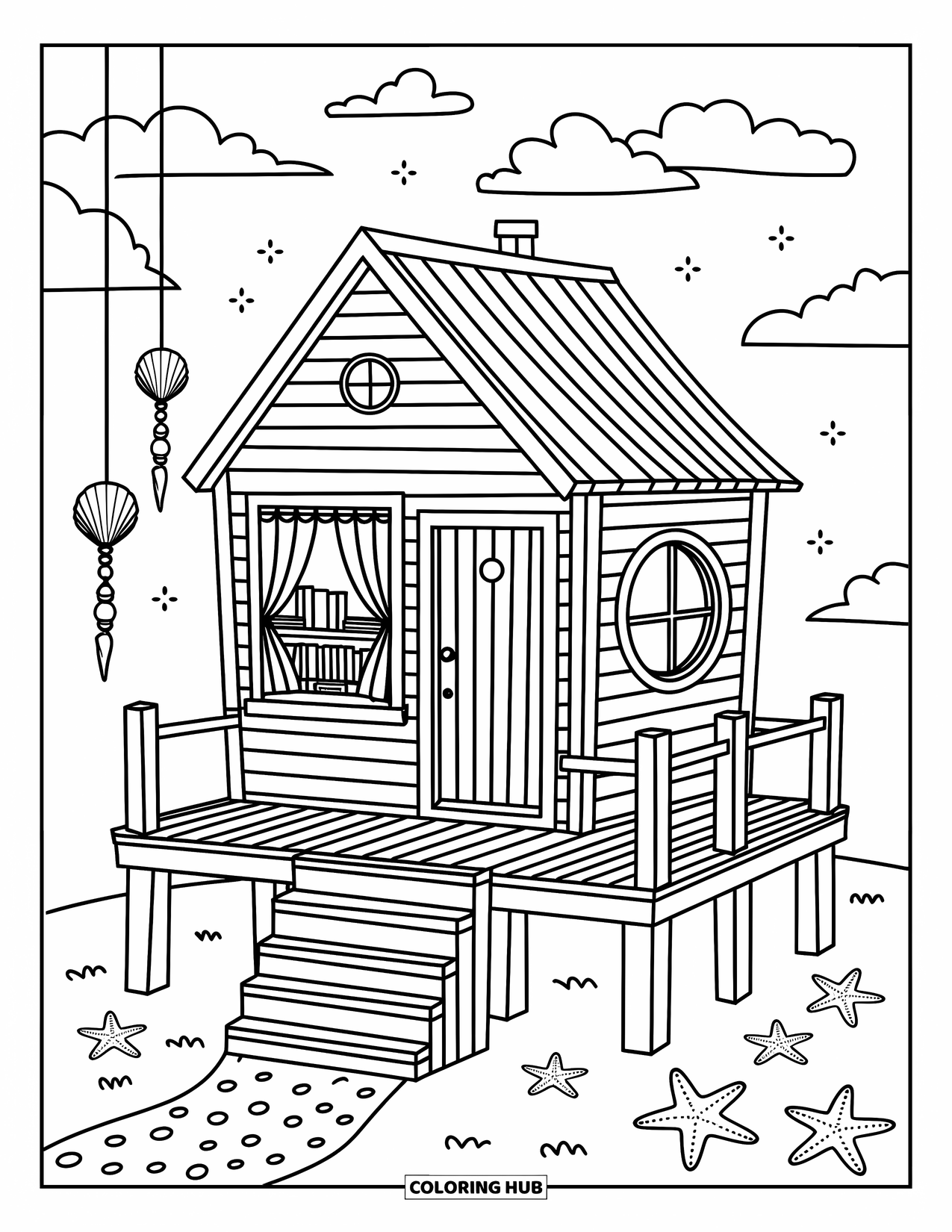 House Coloring Page for Adults: A cozy beach house with seashell wind chimes and starfish