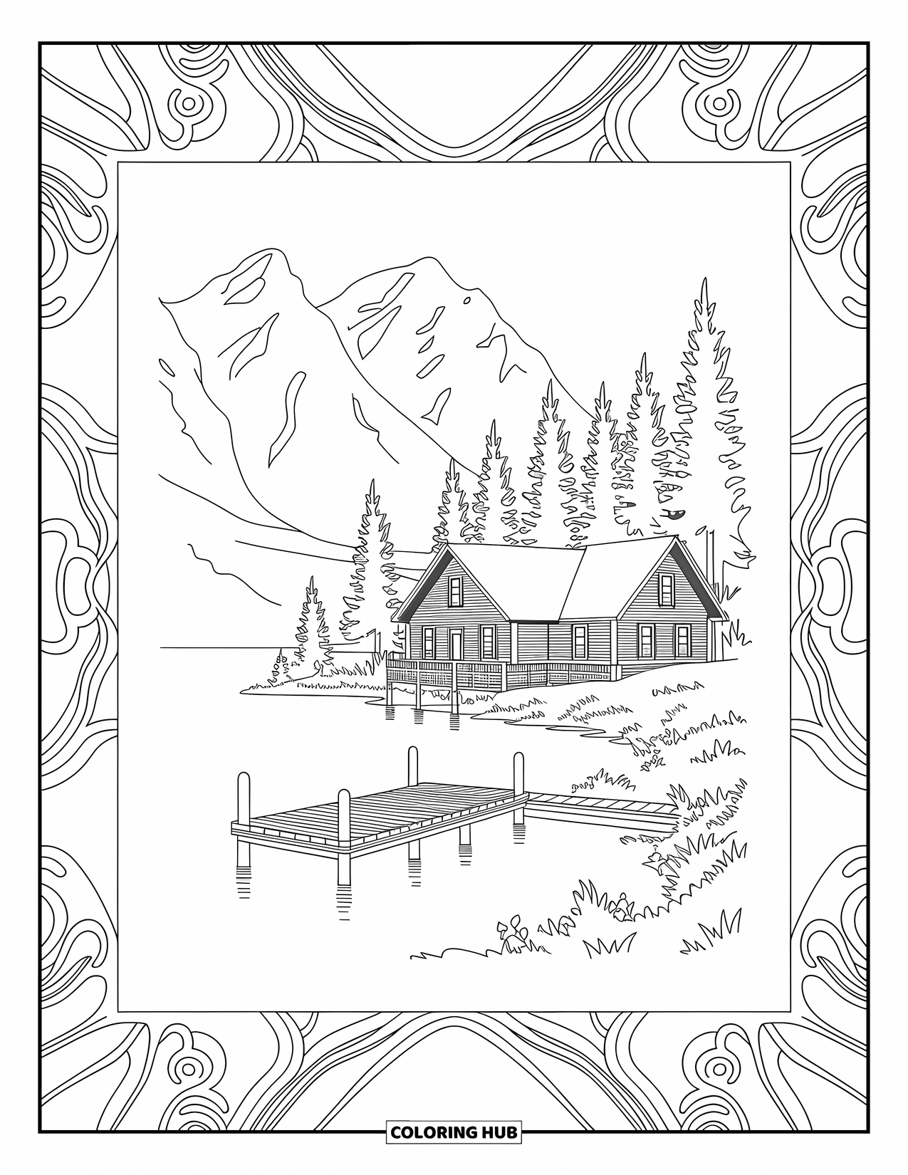House Coloring Page for Adults: A cozy cabin by a lake with pine trees and a wooden pier