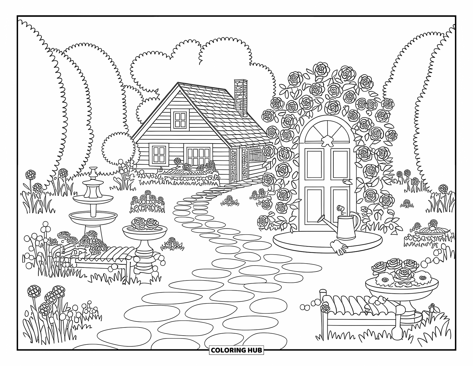 House Coloring Page for Adults: A cozy cottage surrounded by flowers, a stone path, and a watering can