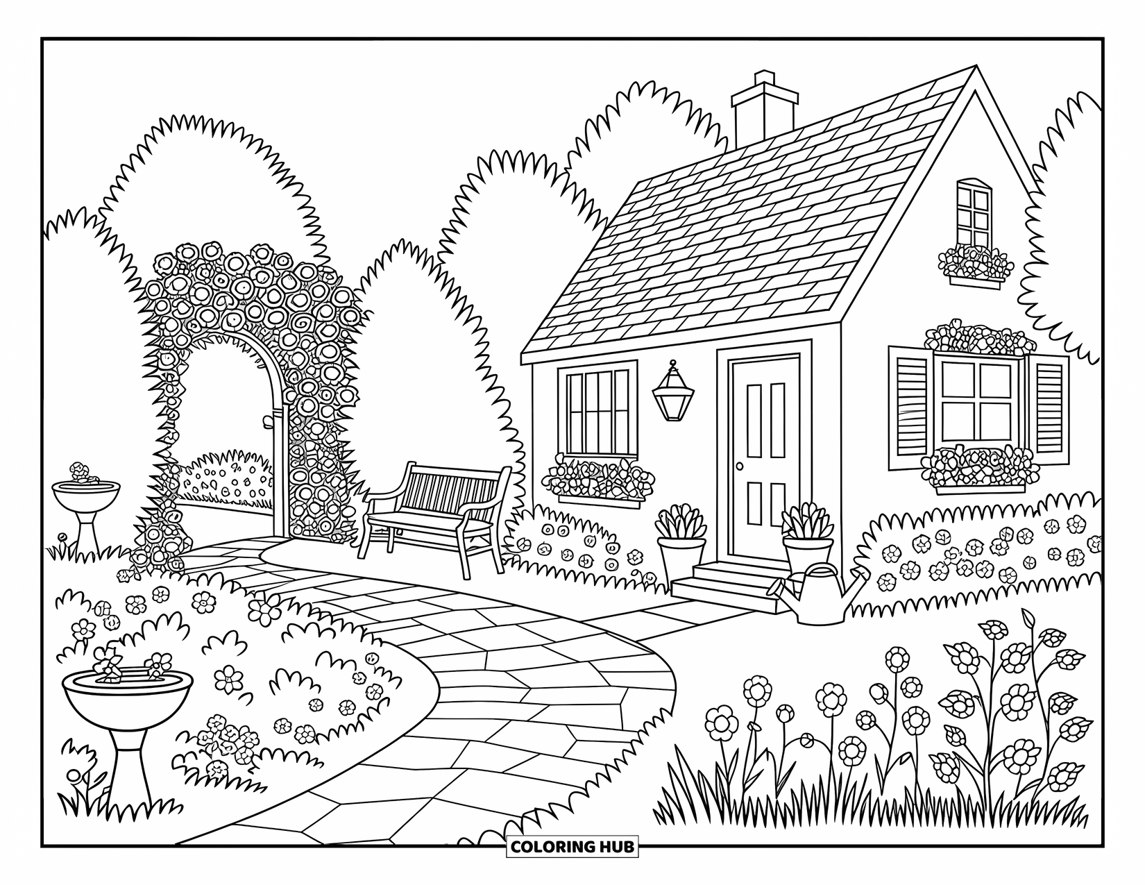 House Coloring Page for Adults: A cozy cottage with a garden, birdbaths, and a path lined with roses