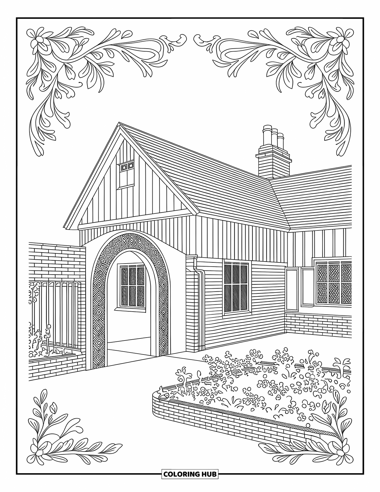 House Coloring Page for Adults: A cozy cottage with exposed beams, brickwork, and floral patterns