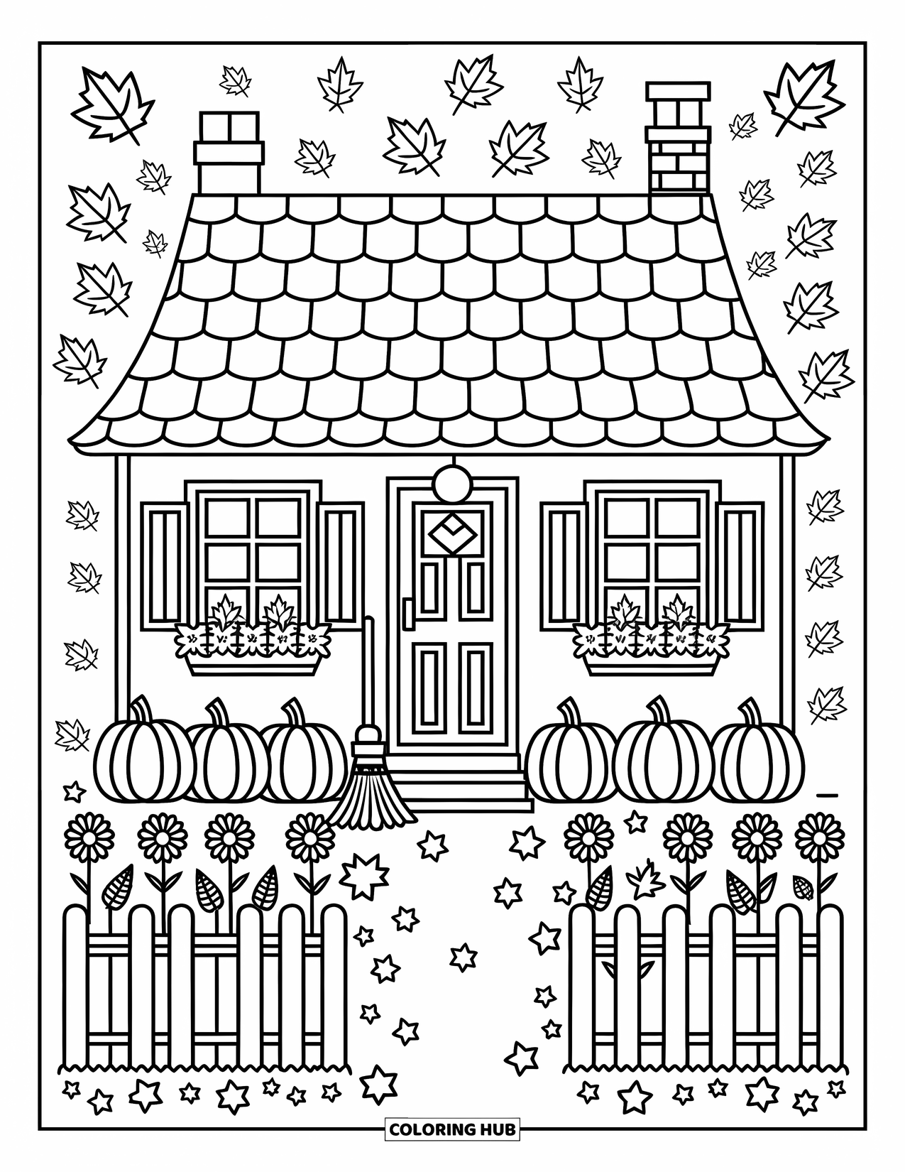 House Coloring Page for Adults: A cozy cottage with pumpkins, sunflowers, and a wooden fence