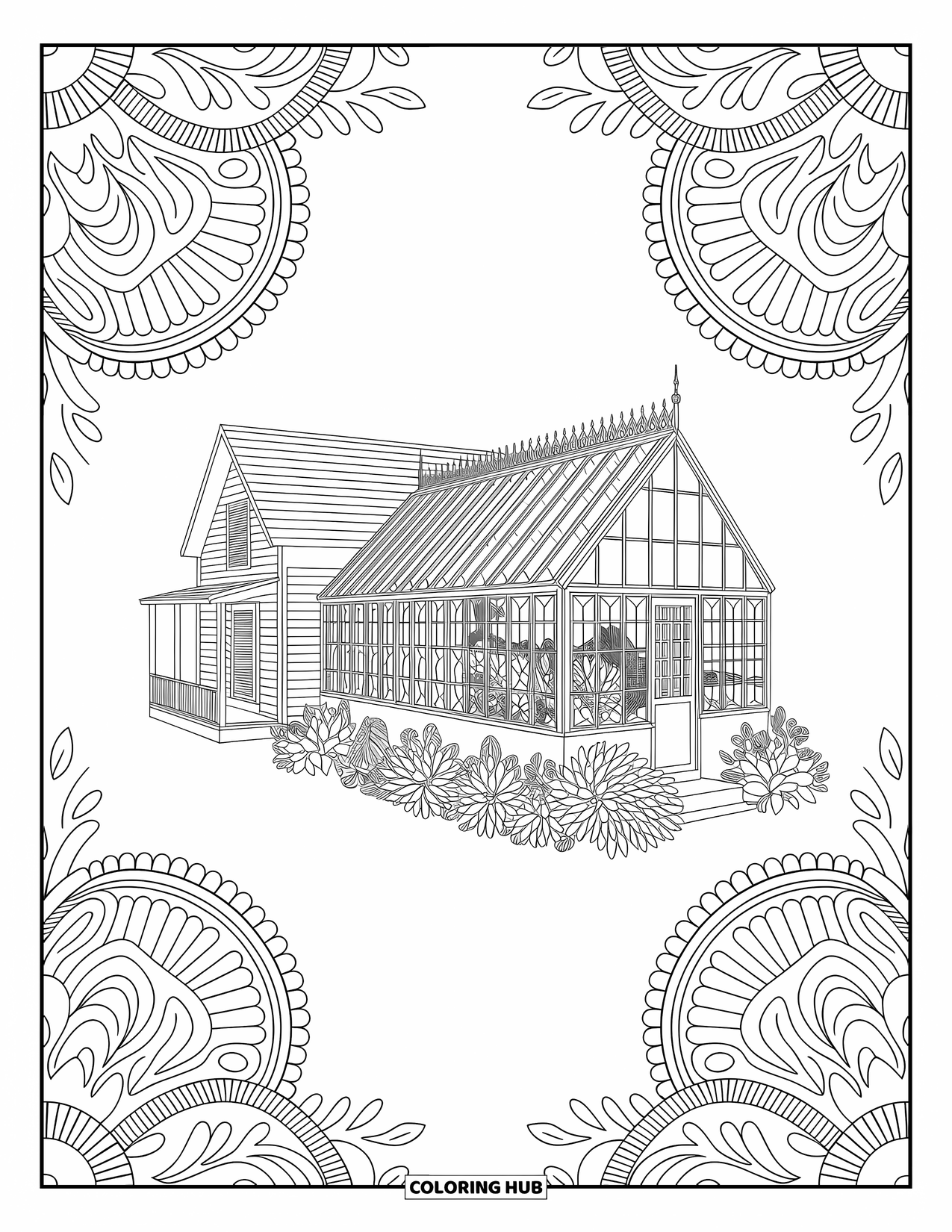 House Coloring Page for Adults: A cozy greenhouse with plants, filigree patterns, and elegant details