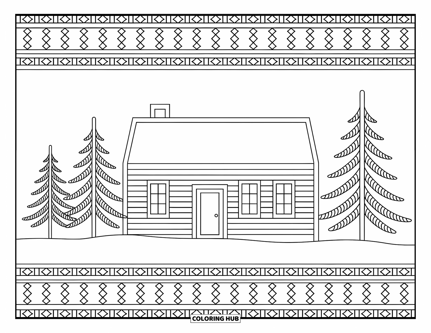 House Coloring Page for Adults: A cozy house with snow-covered trees, a fireplace, and intricate patterns