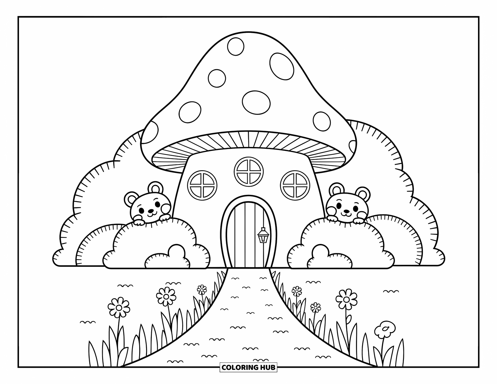 House Coloring Page for Adults: A cozy mushroom house with flowers and forest animals around
