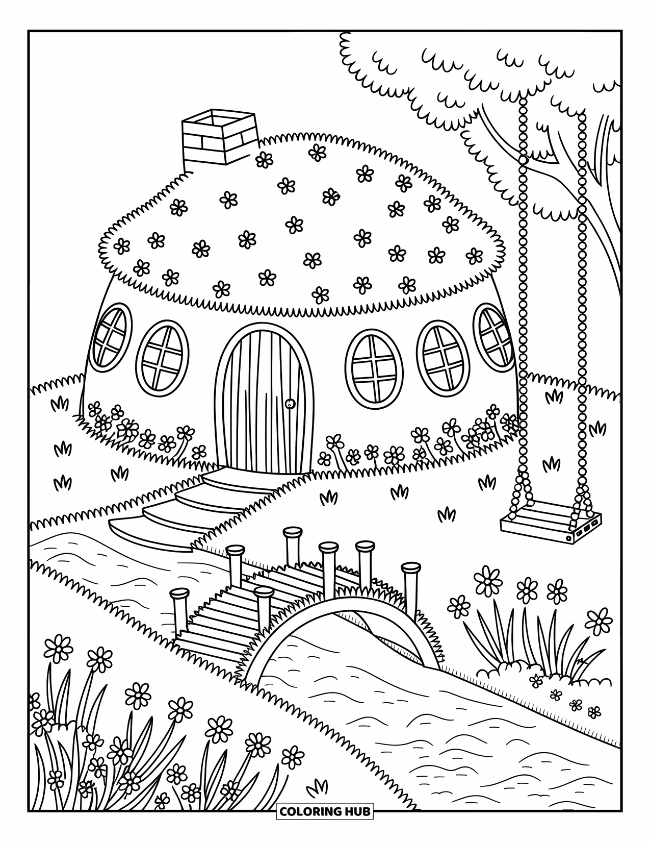House Coloring Page for Adults: A cozy round house with flowers, a bridge, and a swing