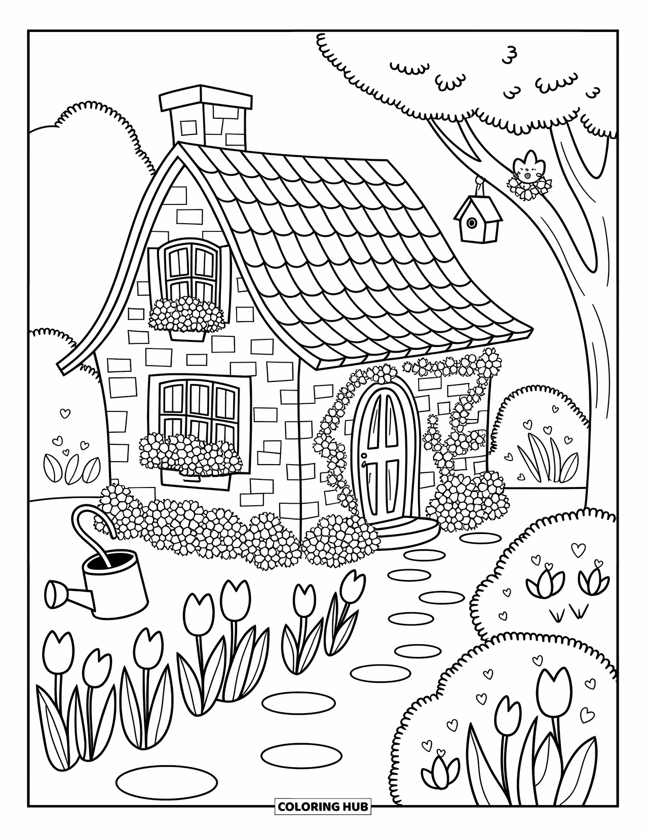 House Coloring Page for Adults: A cozy stone cottage with tulips, a bunny, and a garden path