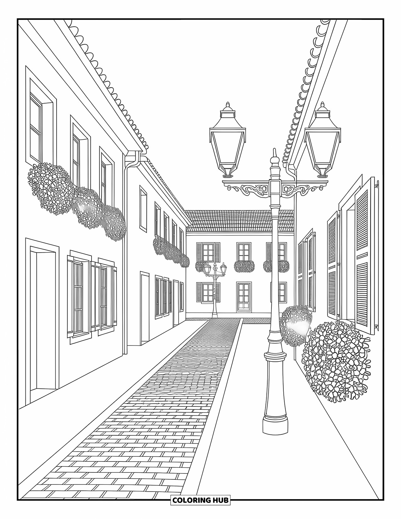 House Coloring Page for Adults: A cozy street with cobblestones, flower boxes, and street lamps