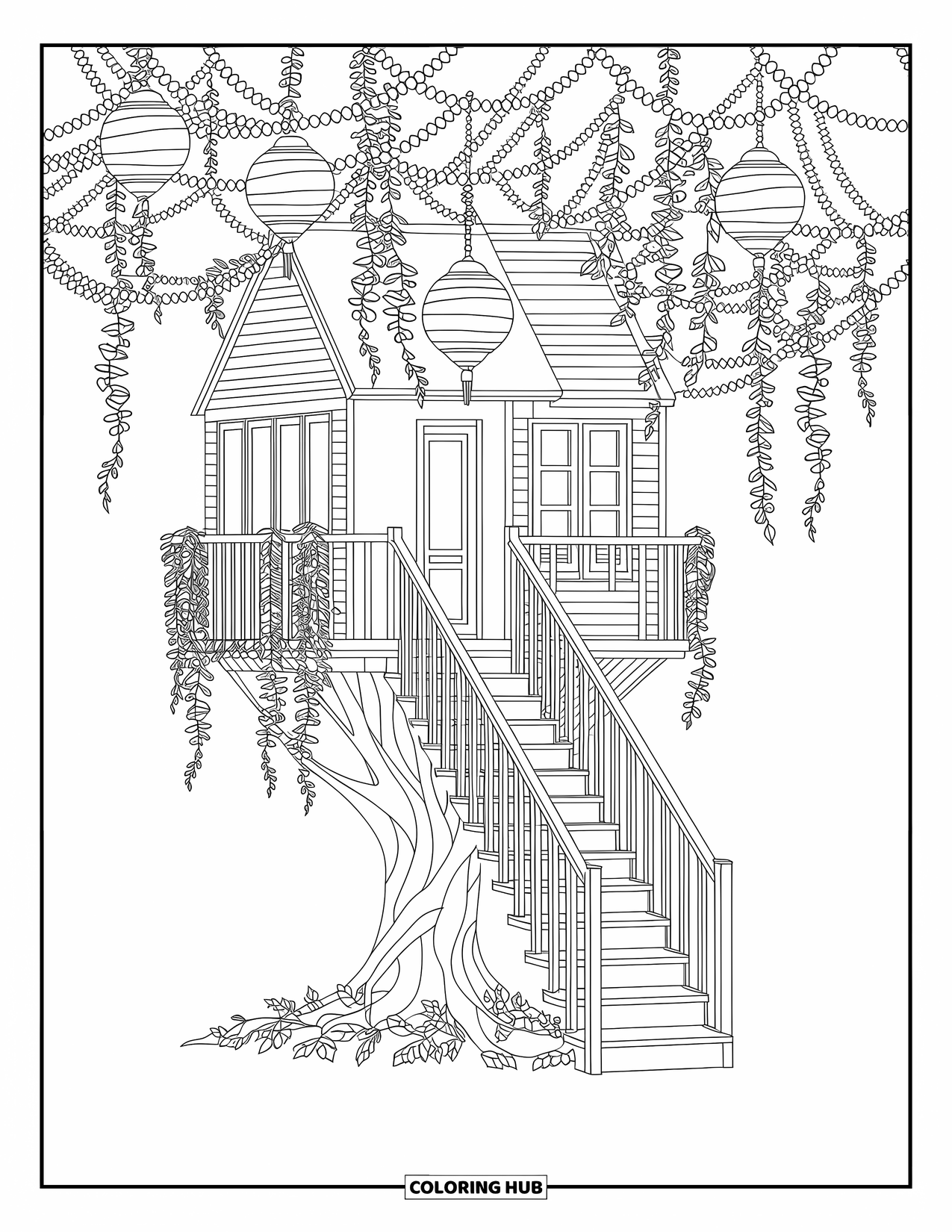 House Coloring Page for Adults: A cozy treehouse with lanterns, vines, and a wooden staircase