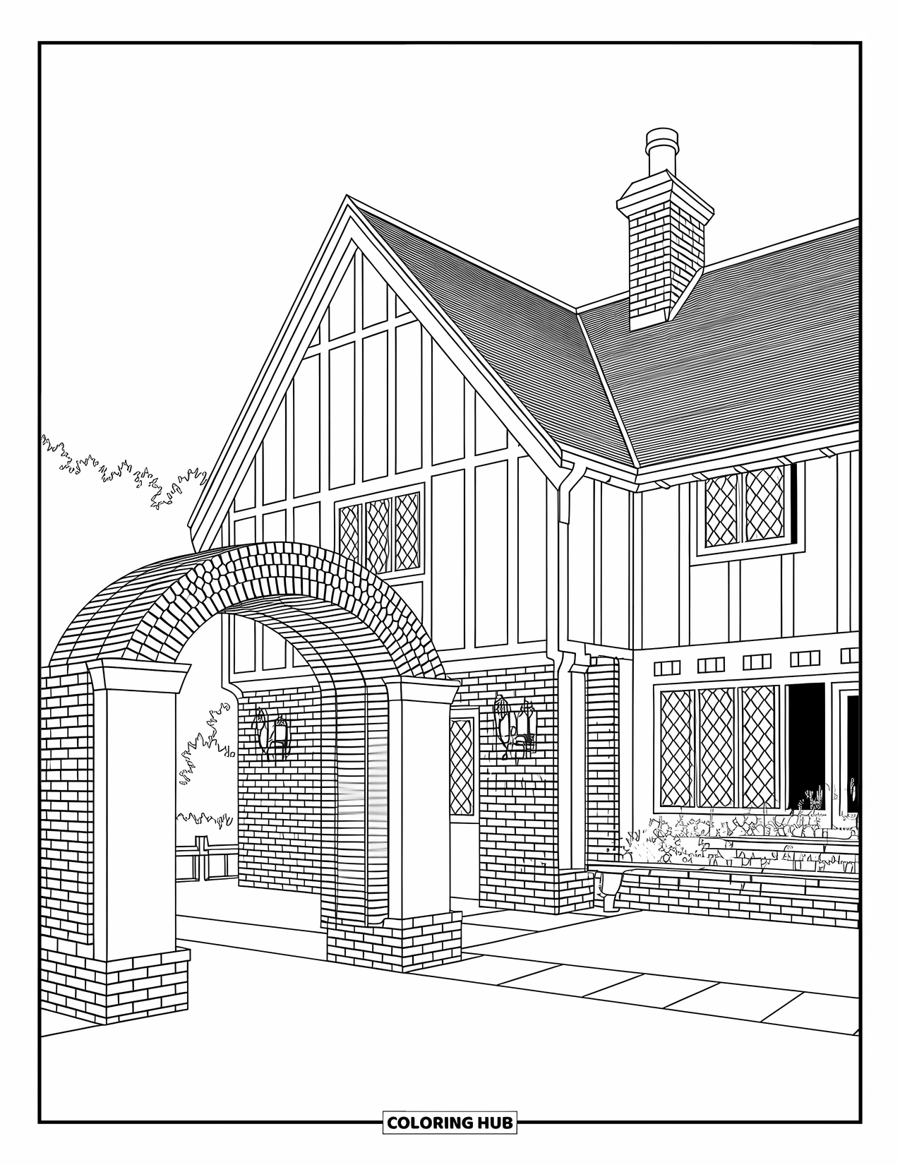 House Coloring Page for Adults: A cozy Tudor cottage with a garden archway and exposed beams