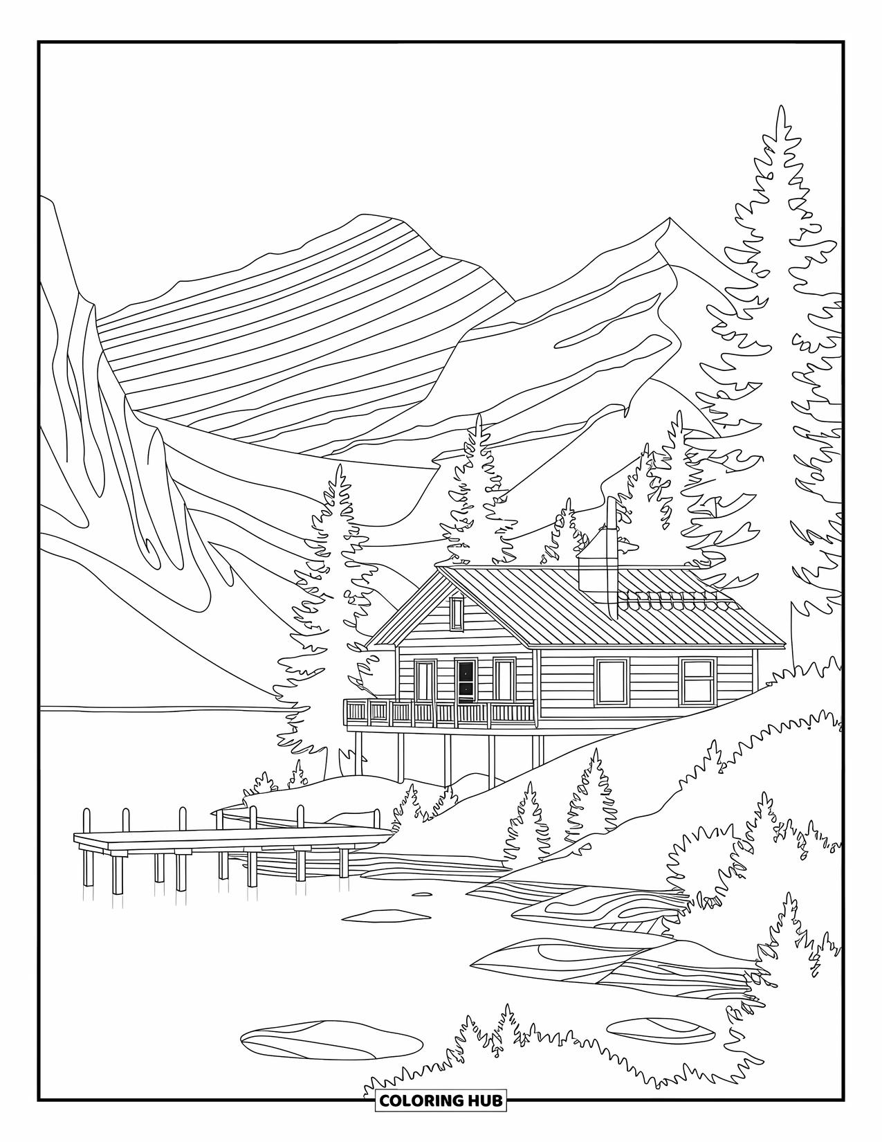 House Coloring Page for Adults: A mountain cabin by a lake with pine trees and a small pier