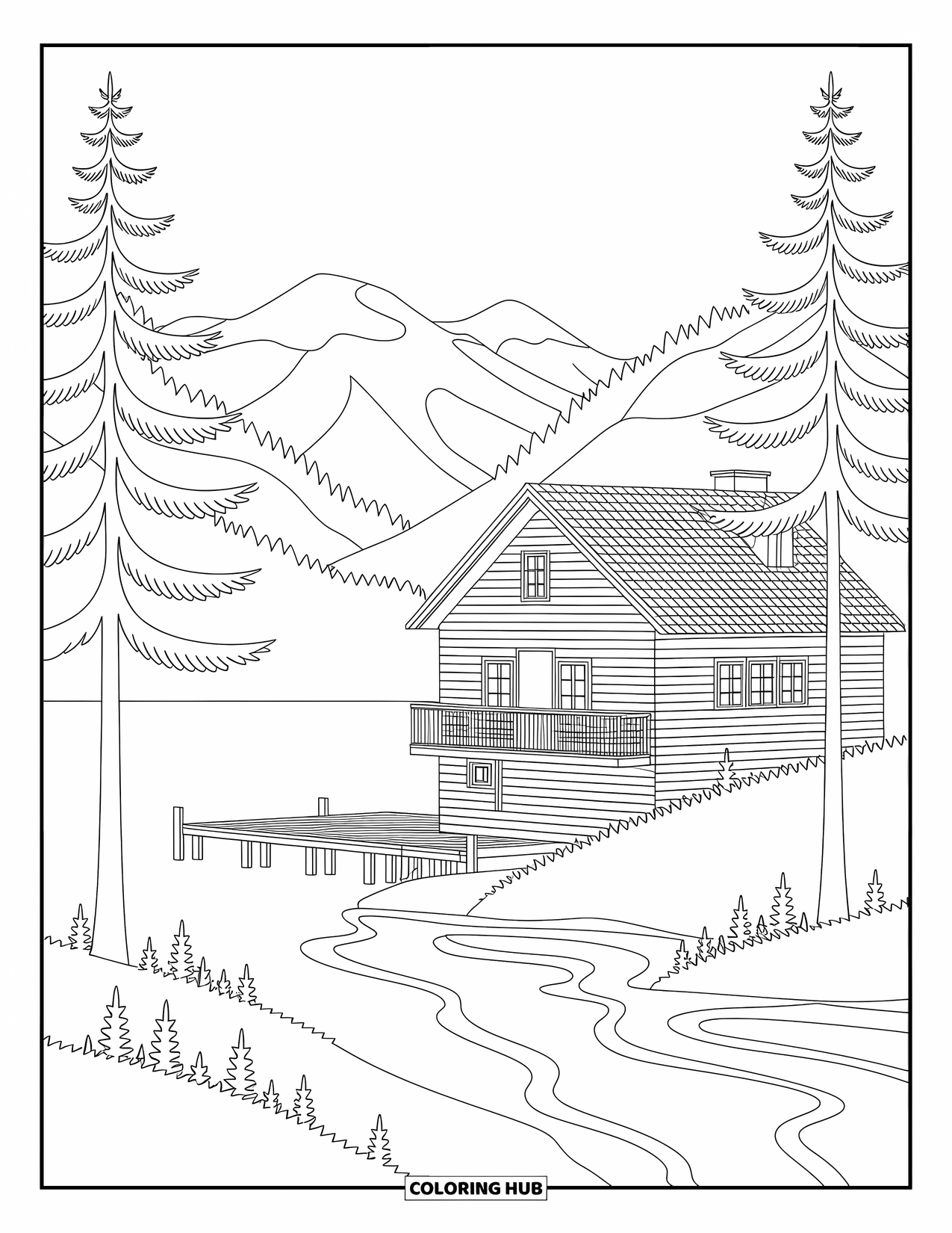 House Coloring Page for Adults: A mountain cabin with a pier, pine trees, and intricate patterns