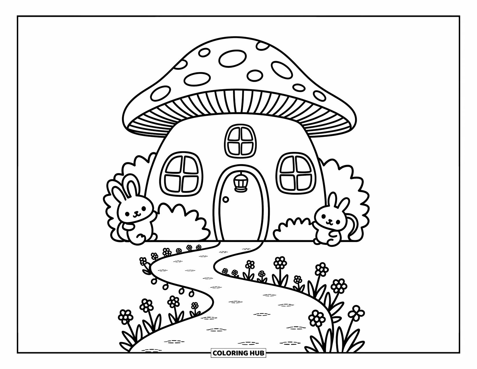 House Coloring Page for Adults: A mushroom house with a dirt path, flowers, and forest animals
