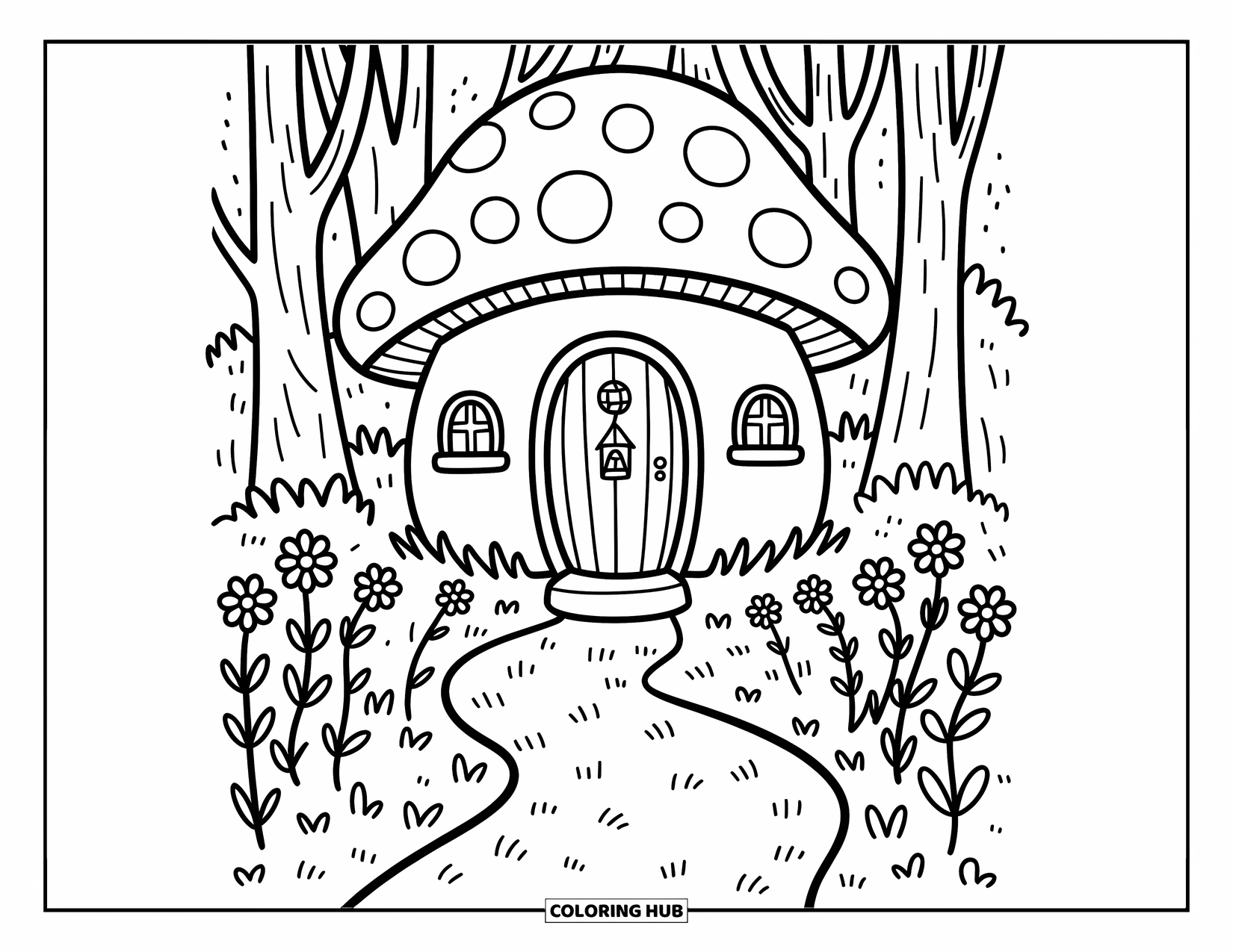 House Coloring Page for Adults: A mushroom house with a lantern and curious forest animals nearby