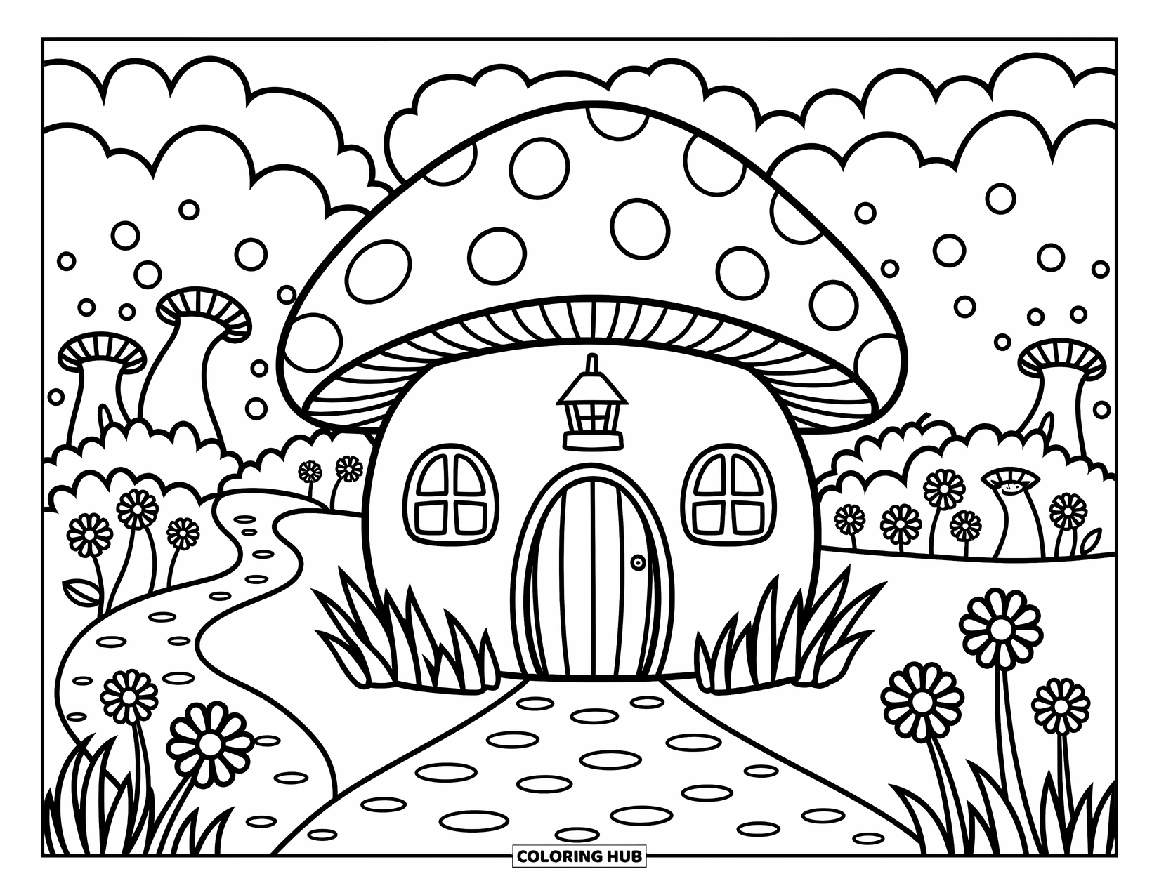 House Coloring Page for Adults: A mushroom house with a lantern, flowers, and playful forest animals