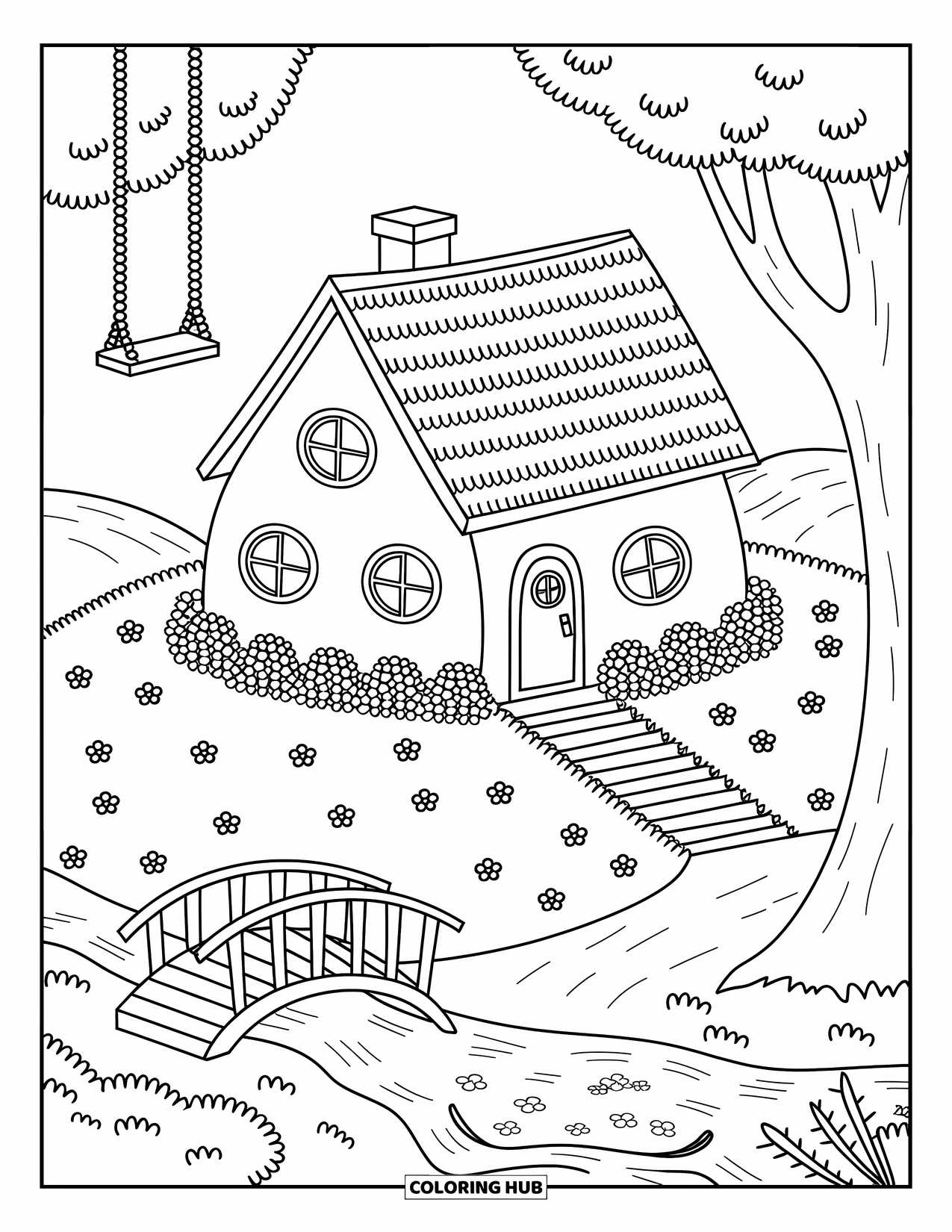 House Coloring Page for Adults: A round house with a grassy roof, a bridge, and a swing