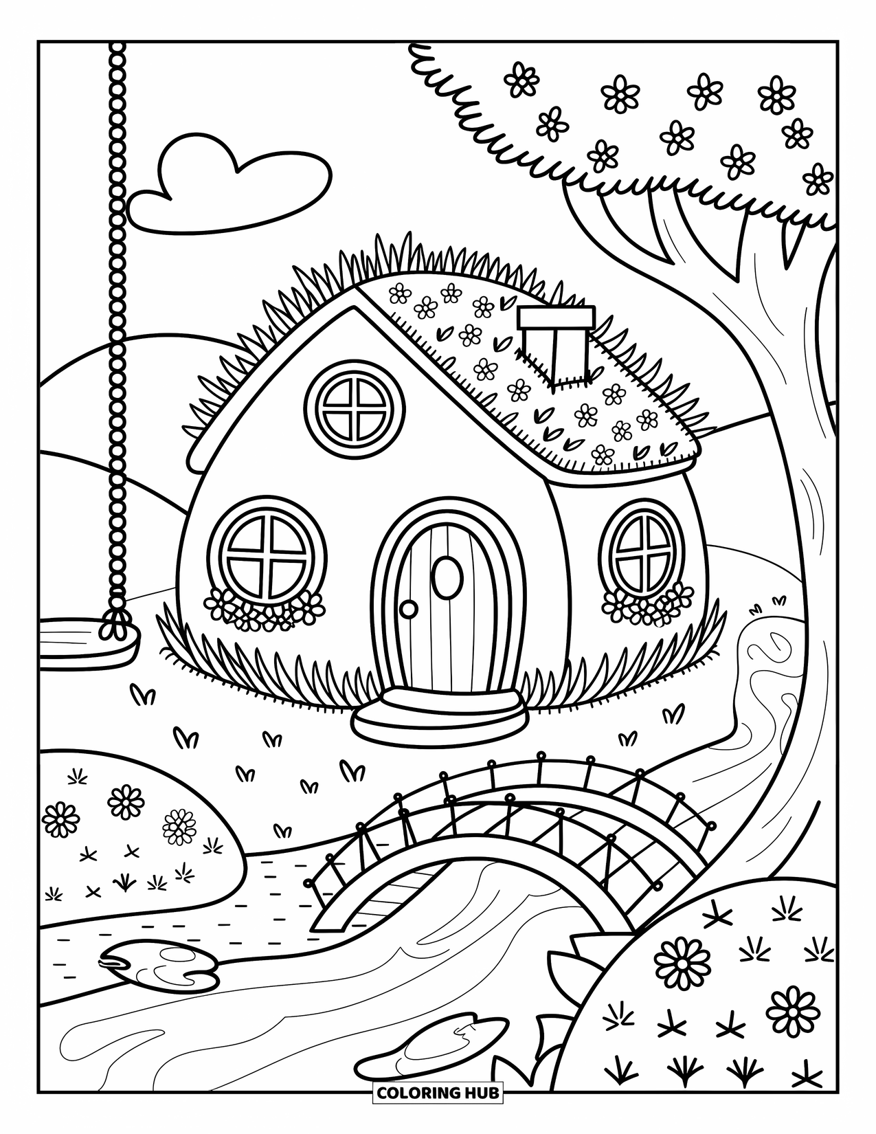 House Coloring Page for Adults: A round house with circular windows, a bridge, and a swing