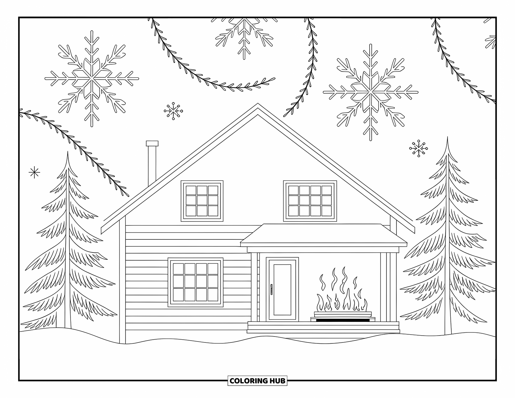 House Coloring Page for Adults: A Scandinavian house with a fireplace, snowflakes, and detailed patterns