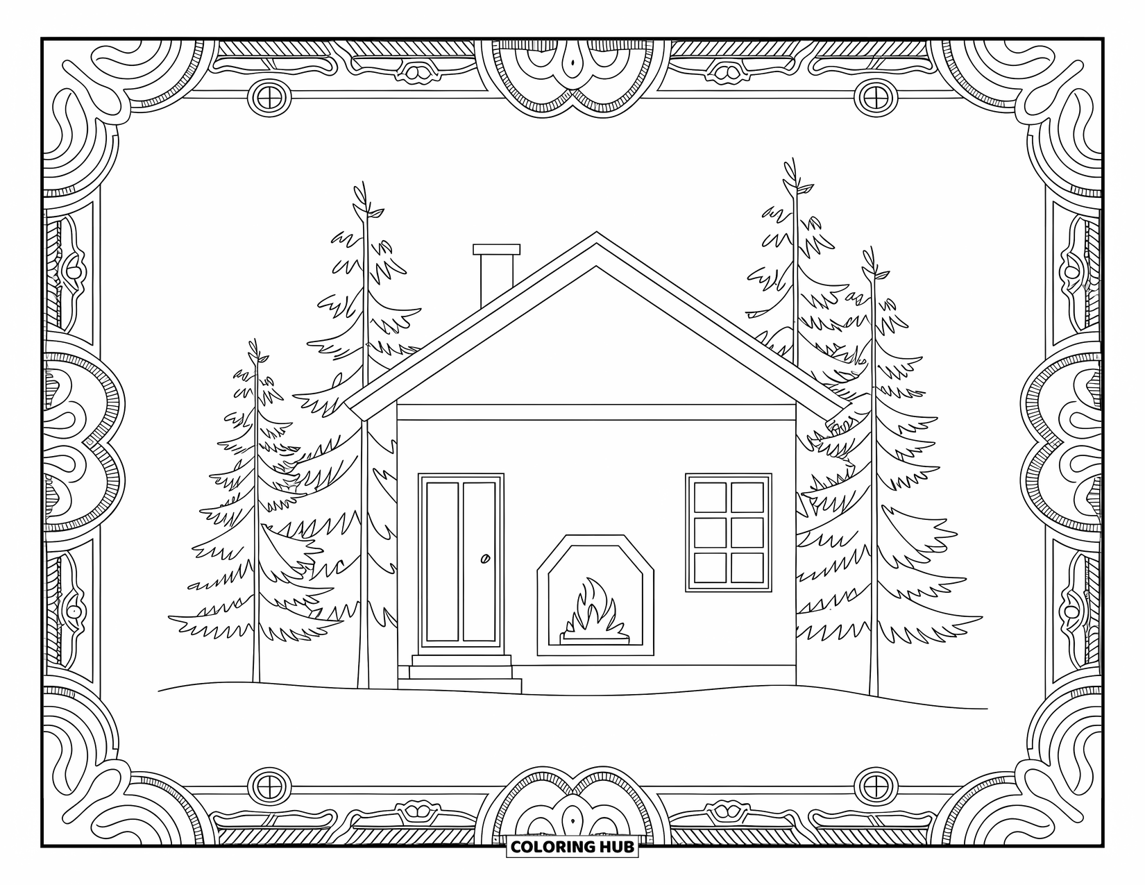 House Coloring Page for Adults: A Scandinavian house with snow-covered trees and a cozy fireplace