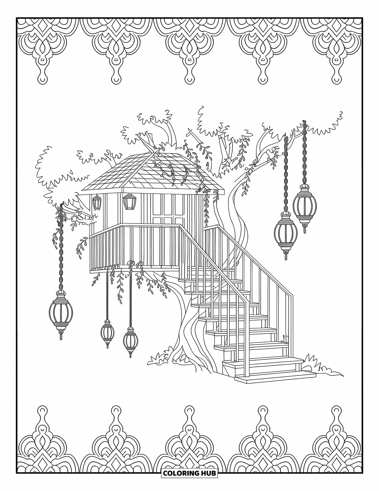 House Coloring Page for Adults: A secluded treehouse with lanterns, vines, and detailed designs