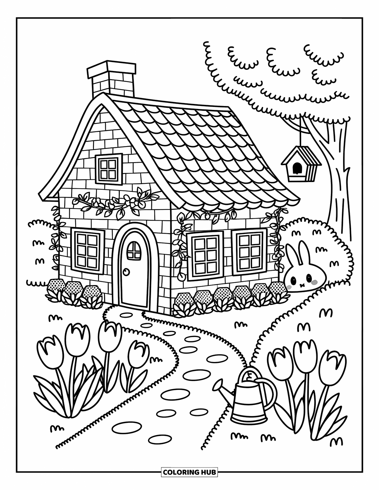 House Coloring Page for Adults: A stone cottage with vines, flowers, and a garden path