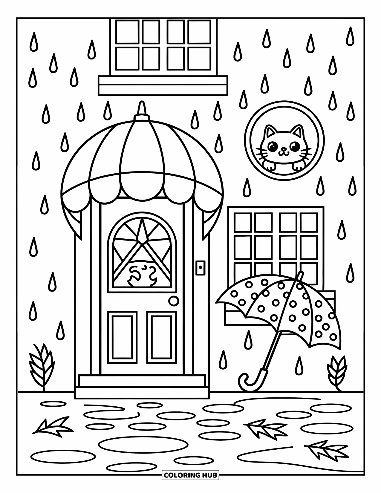 House Coloring Page for Adults: A townhouse with a curved awning, a cat, and puddles
