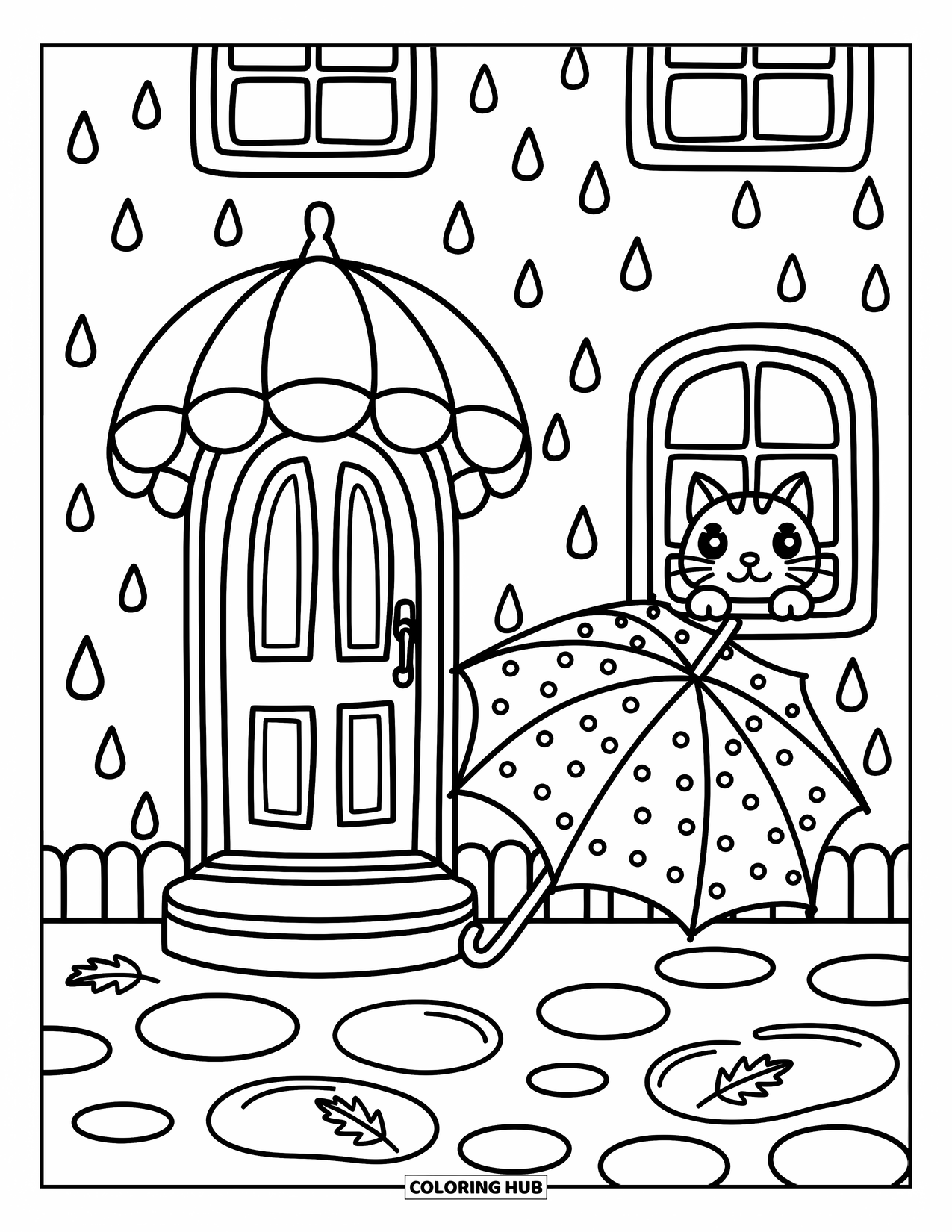 House Coloring Page for Adults: A townhouse with an awning, a cat, and umbrellas in the rain