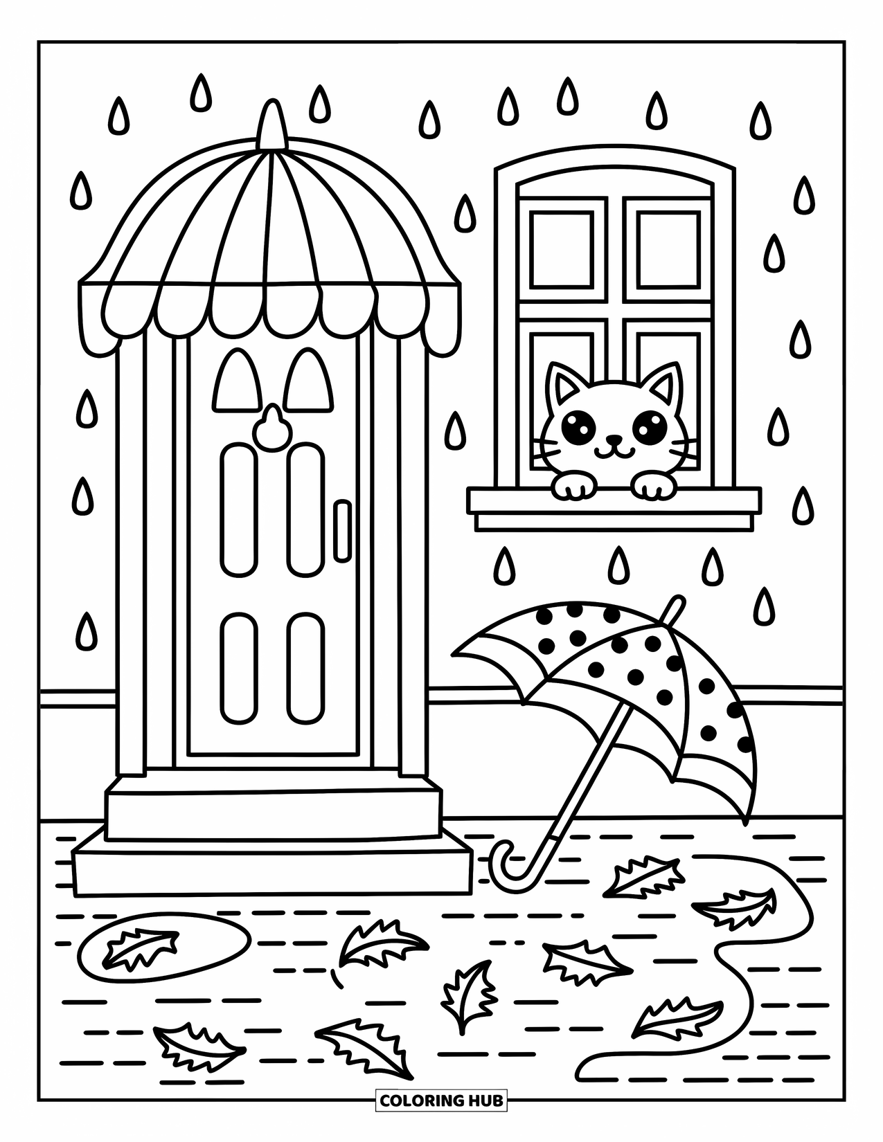 House Coloring Page for Adults: A townhouse with umbrellas, a cat, and a cobblestone path