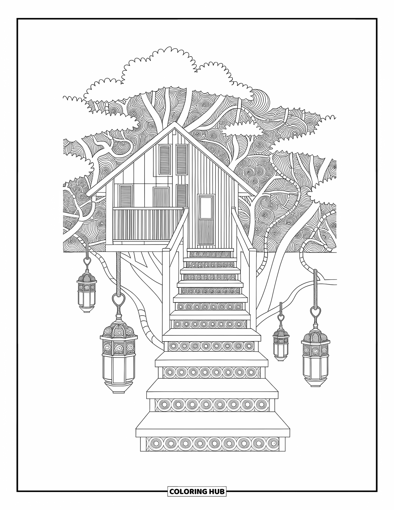 House Coloring Page for Adults: A treehouse with hanging lanterns, vines, and intricate patterns