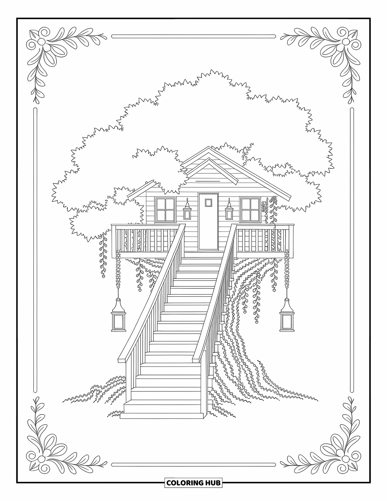 House Coloring Page for Adults: A treehouse with lanterns, vines, and wooden stairs