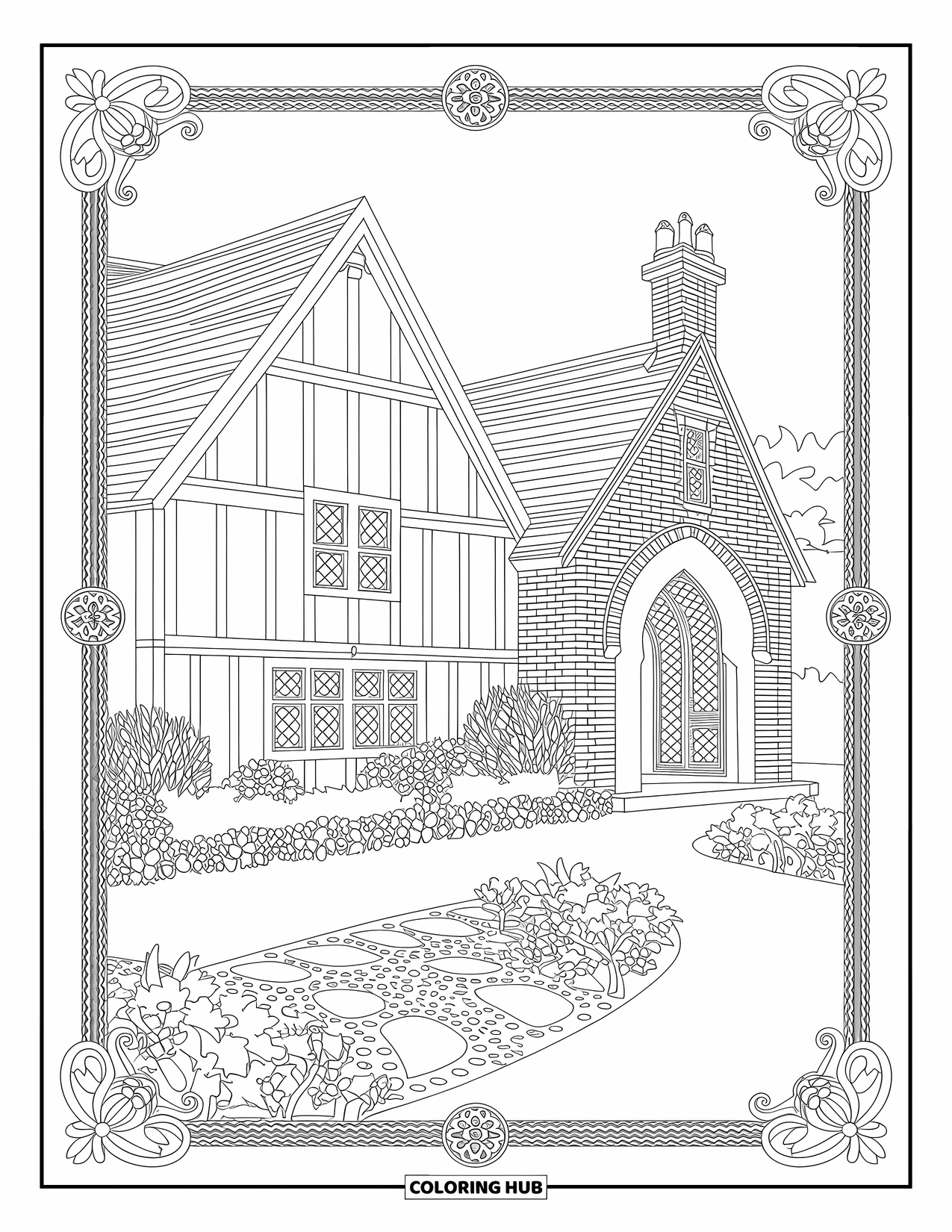 House Coloring Page for Adults: A Tudor cottage with beams, intricate patterns, and a garden archway