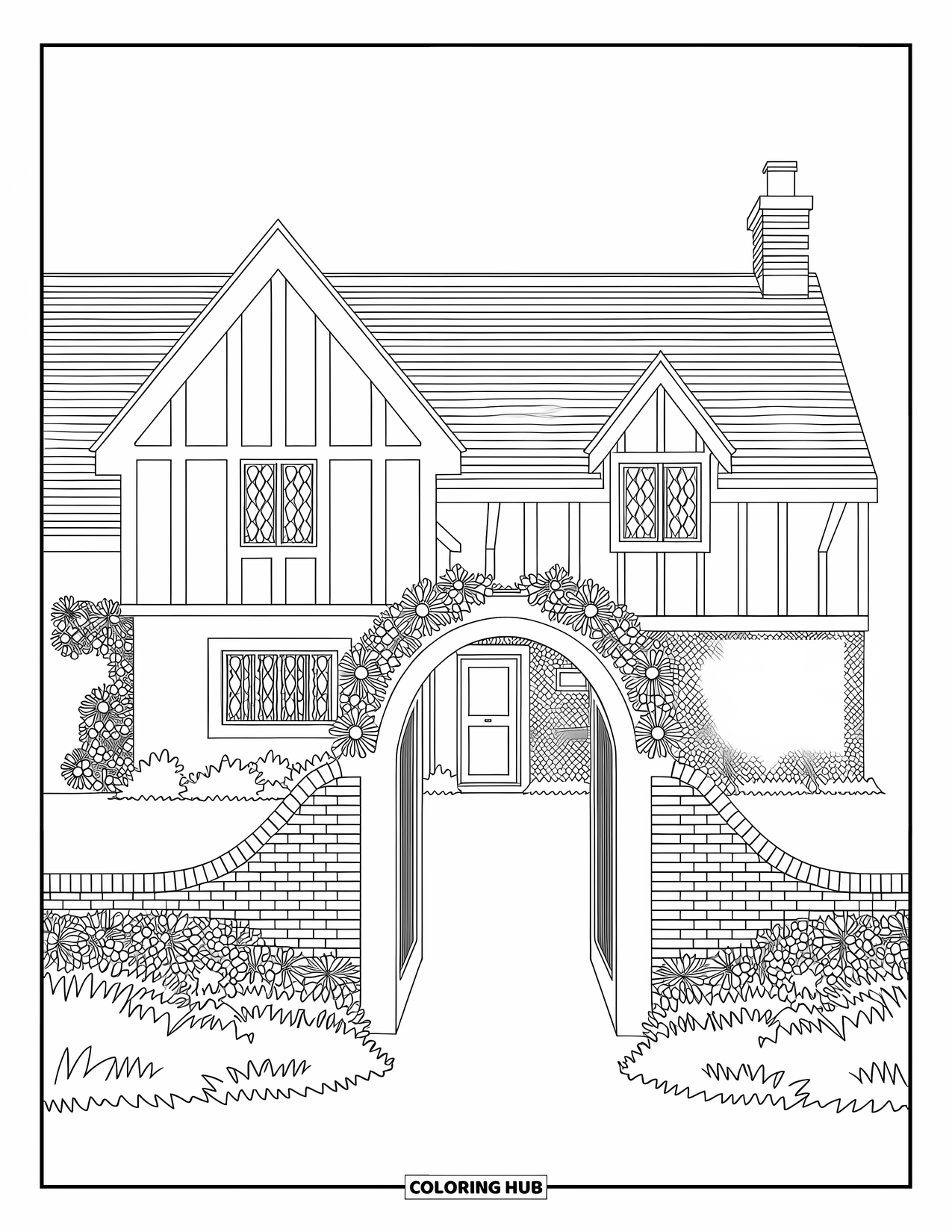House Coloring Page for Adults: A Tudor-style cottage with beams, a garden archway, and brickwork