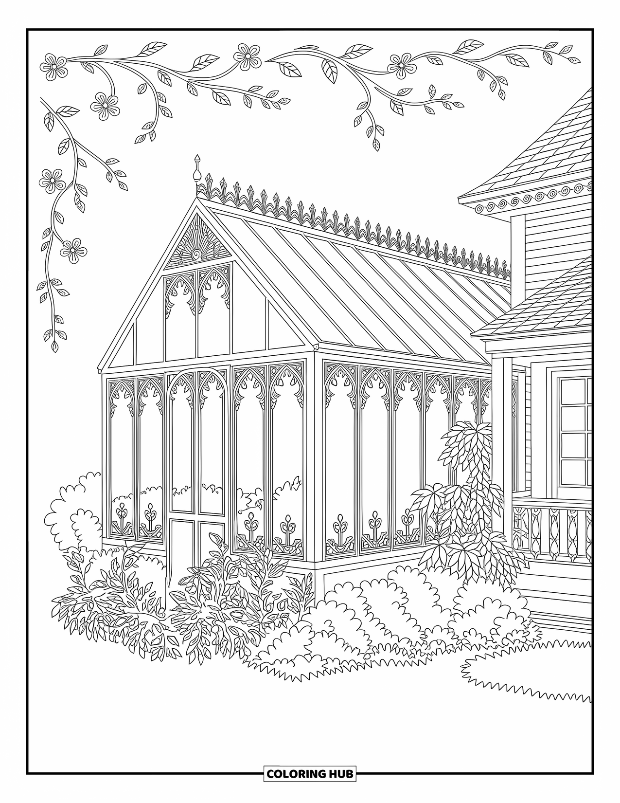 House Coloring Page for Adults: A Victorian greenhouse with intricate designs and lush plants