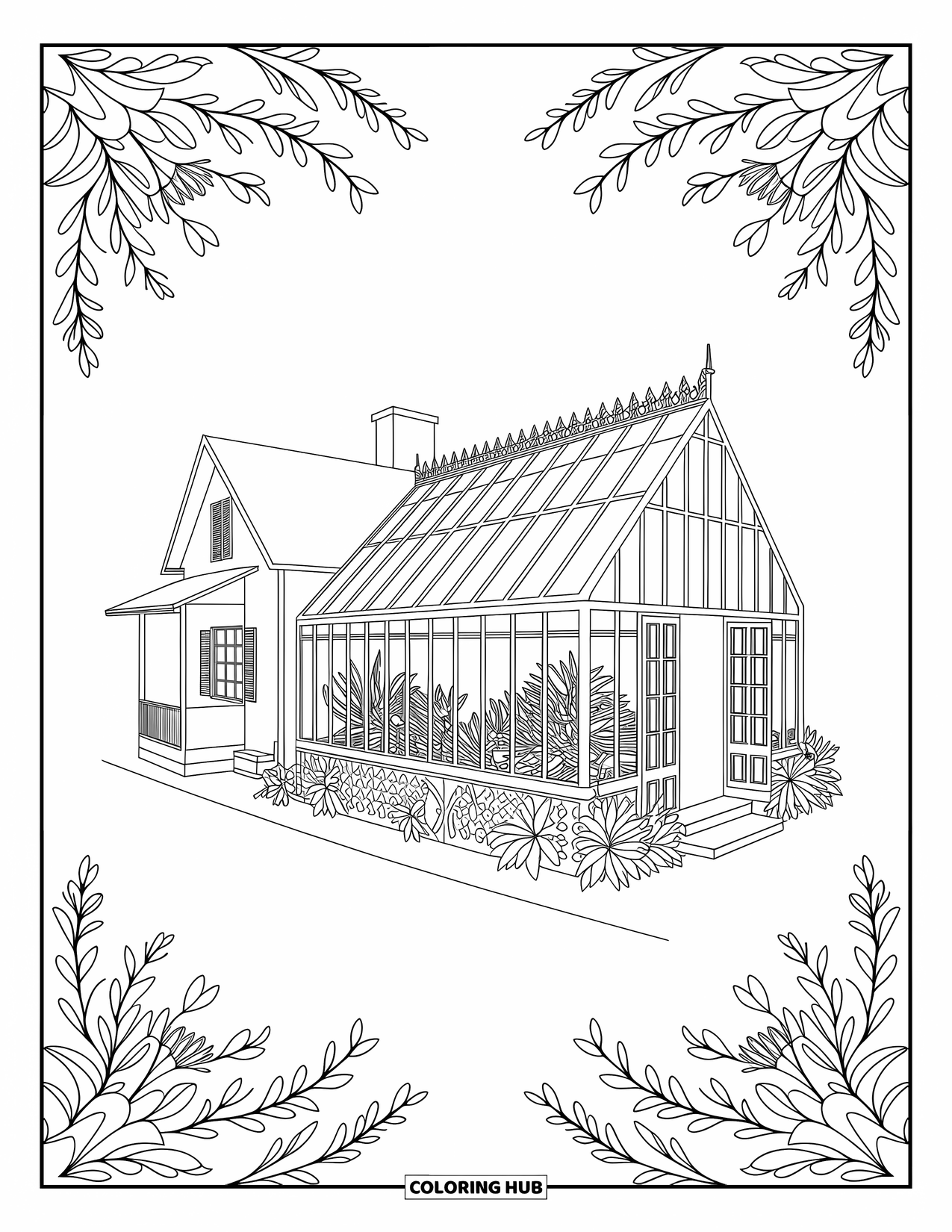 House Coloring Page for Adults: A Victorian greenhouse with lush plants and detailed patterns