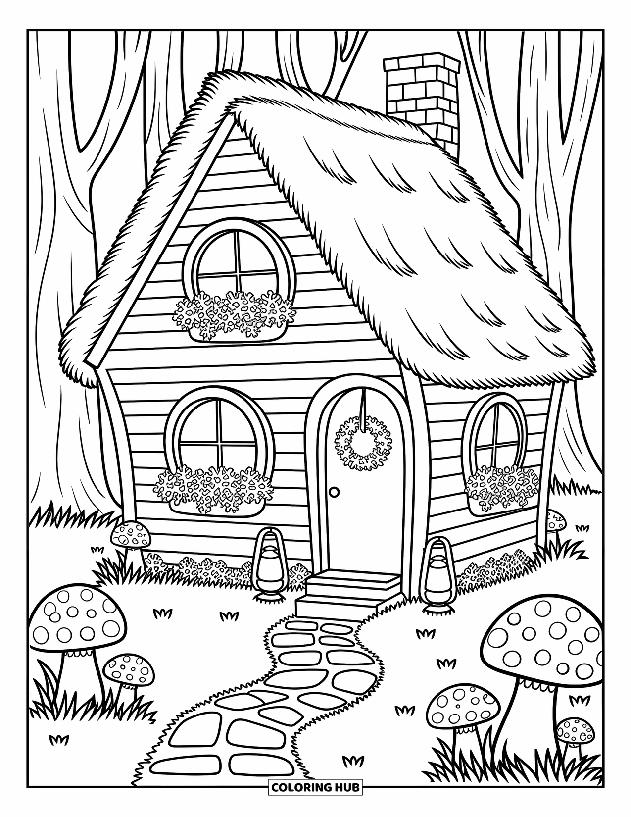 House Coloring Page for Adults: A wooden cottage with a thatched roof, flowers, and curious squirrels