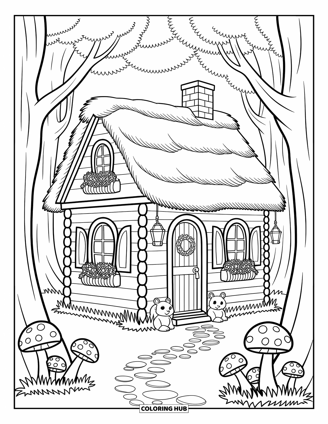 House Coloring Page for Adults: A wooden cottage with flower boxes, mushrooms, and squirrels